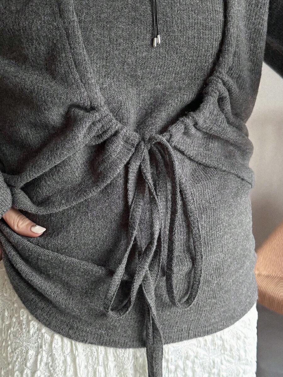 FRIFUL 女士纯色长袖系带开衫和吊带背心休闲两件套家居服套装 - 灰色 - 查看 1