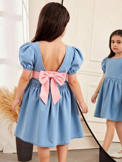 Váy ngắn tay bồng bằng vải denim xanh cho bé gái