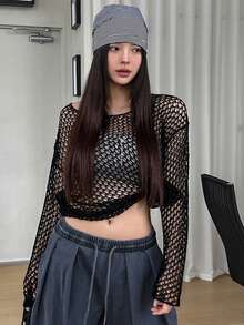 DAZY Women's Hollow Design Casual Lightweight Cover Up Sweater Spring - Black - View 5