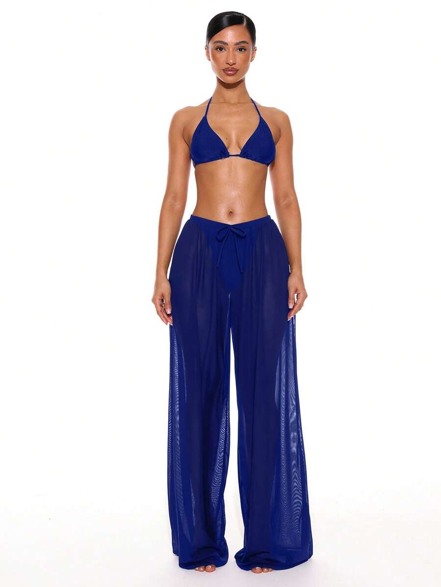Musera Resort Low Rise Drawstring Front Wide Leg Trousers Cover Up Summer Spring Holiday Vacation Sexy Club Ibiza Beachwear Nanoscopic Techno - Royal Blue - View 1