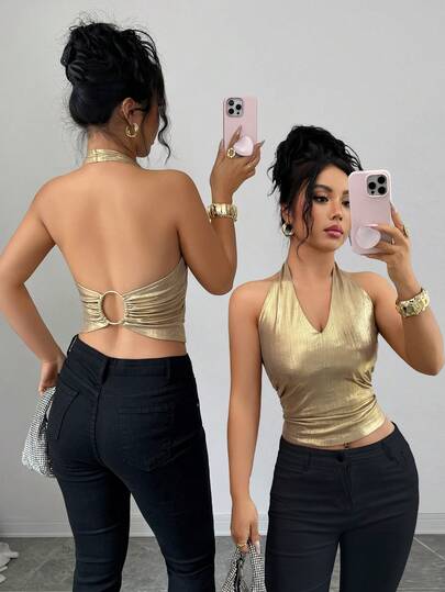 Elenzga Chaleco corto con cuello en V de tela laminada de unicolor, con cuello halter, fruncido lateral, espalda descubierta y decoración de anillo metálico. Elegante estilo vintage francés para oficina, viajes, negocios, casual, vacaciones, té de la tarde, calle. Versátil y sencillo, primavera/verano nuevo