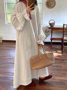 FRIFUL Đầm dài tay cổ chữ V màu trơn bằng vải lanh, tay bồng, dáng suông, thoải mái, thích hợp mặc mùa hè. - trắng - Xem 6