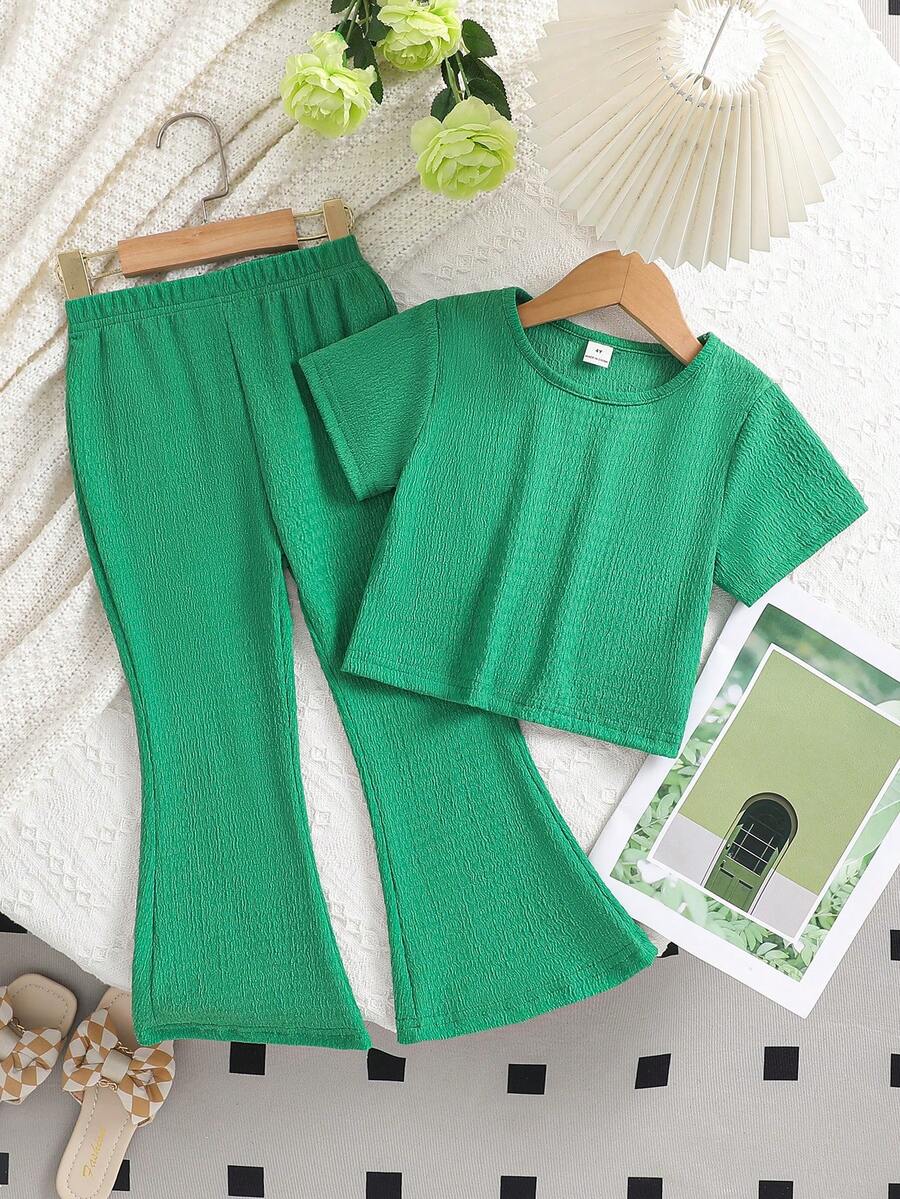 Elladie kids 2pcs/Set Young Girls Solid Color Crew Neck Short Sleeve T-Shirt And Elastic Waist Flare Leg Pants, Spring/Summer - Green - View 1