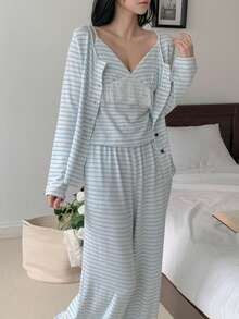 DAZY 3pcs Striped Cardigan Top, Lace Trim Camisole, And Long Pants Women Pajama Set - Blue and White - View 7