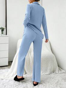 EURMUSE 2pcs Set: Contrast Stitching Ribbed Long Sleeve Top And Pants Pajama Set - Blue - View 2