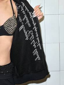 ROMWE Avant Loose Fit Sweatshirt With Slogan Cross Embroidery, Thermal Lined - Black - View 9