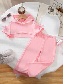 3件套女童针织连帽短袖露脐上衣、宽松针织吊带衫和阔腿裤三件套，适合日常穿着，四季皆宜。 - 粉色 - 查看 1
