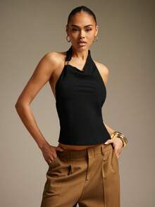 Hauture Sexy Summer Casual Asymmetrical Neck Backless Cowl Top - Black - View 3