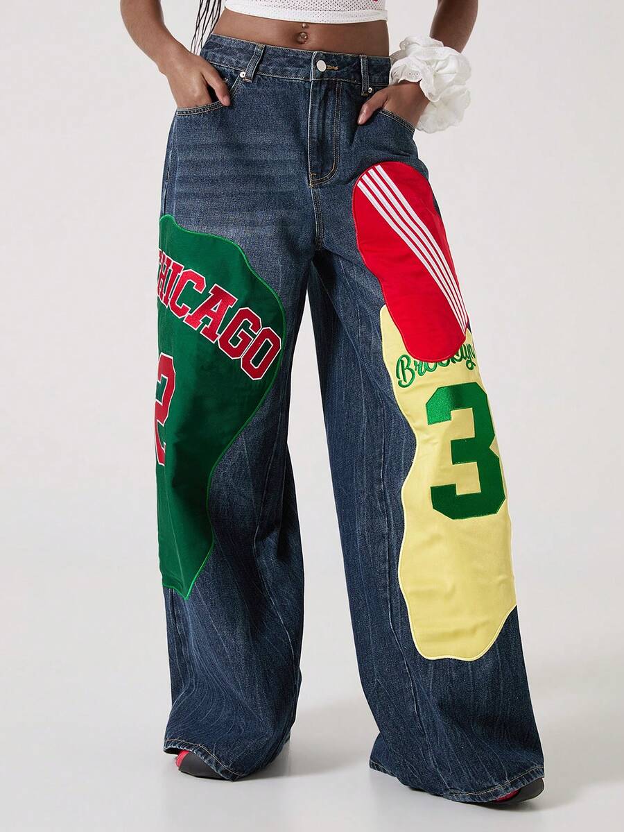 ROMWE Avant 女士复古学院风拼接足球撞色刺绣数字字母低腰阔腿牛仔裤 - 藍色 - 查看 1