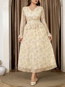 Veilorie Plus Size Elegant Floral Print Ruffle Hem Long Sleeve Dress, Autumn - Multicolor - View 6