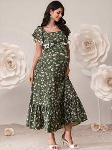 SHEIN 孕妇优雅碎花绒球装饰荷叶边连衣裙，夏季 - 綠色 - 查看 4