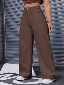 SHEIN ICON Denim Lavados de Cintura Alta e Perna Larga Casual Plus Size - Café - Visão 4