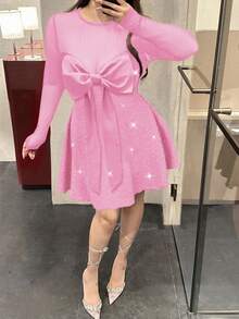 Flirla Plus Size Women's Autumn/Winter Spicy & Sexy Bodycon Mesh Patchwork Sequin Mini Dress - Pink - View 3