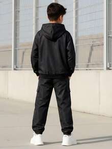 Vacaura 青少年男童热带印花连帽衫和运动裤套装，秋季休闲装 - 黑色 - 查看 2