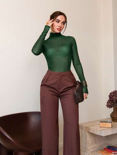 Bris Aura Estilo de Estocolmo, Conjunto de maestra para mujer, Ropa de otoño, Blusa de cuello alto de punto, Blusa elegante de otoño/invierno, Camisa de manga larga de malla, Blusa básica de estilo casual para mujer