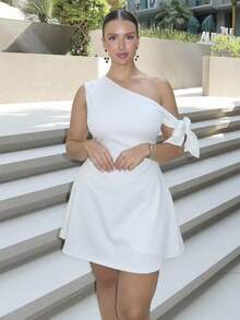 MDEdit 女士不对称系带喇叭下摆优雅连衣裙，白色连衣裙，适合女士外出 - 白色 - 查看 4