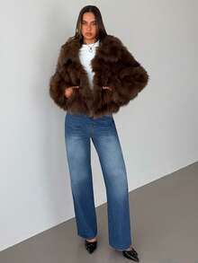 Aloruh Faux Fur Short Jacket, Fashionable Winter Solid Color - Brown - View 1