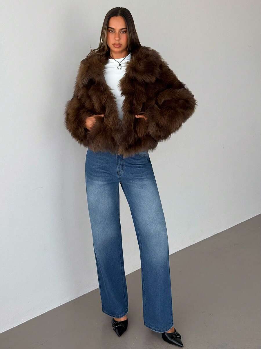 Aloruh Faux Fur Short Jacket, Fashionable Winter Solid Color - Brown - View 1