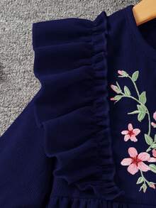 SHEIN Young Girl Floral Embroidery Ruffle Trim Flounce Sleeve Button Front Cord Dress Dark Green Dress For Young Girl