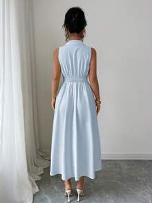 Elenzga Gaun Panjang Tanpa Lengan dengan Kerah dan Kancing Depan yang Elegan dan Kasual untuk Wanita - Baby Blue - View 2
