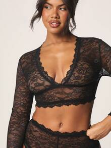 MISSGUIDED Conjunto de lencería íntima con sujetador de encaje y panty de talle alto de manga larga con acabado de puntilla - Negro - Ver 4