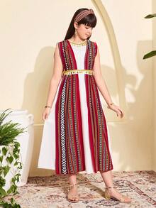 Robe abaya arabe traditionnelle, col rond, sans manches, motif géométrique sur les épaules, décontractée pour les jeunes filles