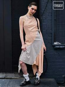 COUREZ 格纹拼接吊带连衣裙，不对称下摆 / 女士夏季穿搭 可爱夏日连衣裙 Y2K 街头风复古长裙 - 粉色 - 查看 1
