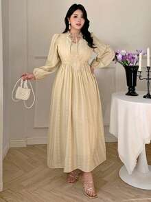 Dazy Plus Valentine Elegant Floral Patchwork Ruffle Trim Tie Neck Fitted Dress, Plus Size For Women, Spring/Autumn - Apricot - View 7