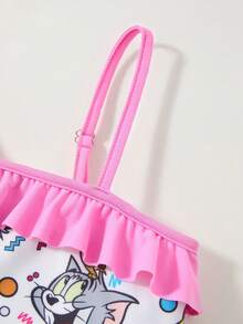 TOM & JERRY X SHEIN Young Girl Cartoon Pattern Ruffle Trim Bikini Set, Summer Beach Vacation - Pink - View 4