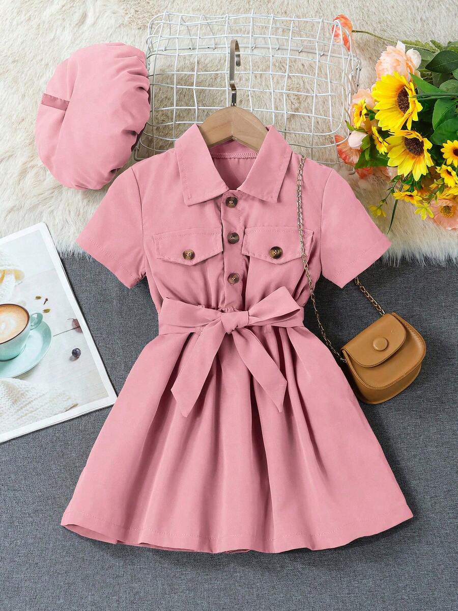 SHEIN 小女童翻蓋細節襯衫連衣裙&帽 - 粉色 - 查看 1