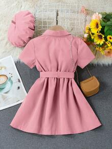 SHEIN 小女童翻蓋細節襯衫連衣裙&帽 - 粉色 - 查看 2