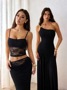 SHEIN PETITE Bộ đồ hai mảnh xuyên thấu phối ren mùa hè dành cho nữ, áo hở lưng + chân váy dài, gợi cảm và thanh lịch, thích hợp cho các lễ hội, hẹn hò ngày Valentine, dự tiệc âm nhạc, dạ hội, váy nhẹ phù hợp cho mùa thu và mùa đông. - màu đen - Xem 7