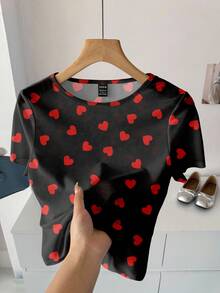 SHEIN LUNE Damen Lässig Top mit Herz-Allover-Muster, Rundhalsausschnitt, Kurzarm, für Valentinstag, Frühling Sommer - Verschiedenfarbig - Übersicht 5