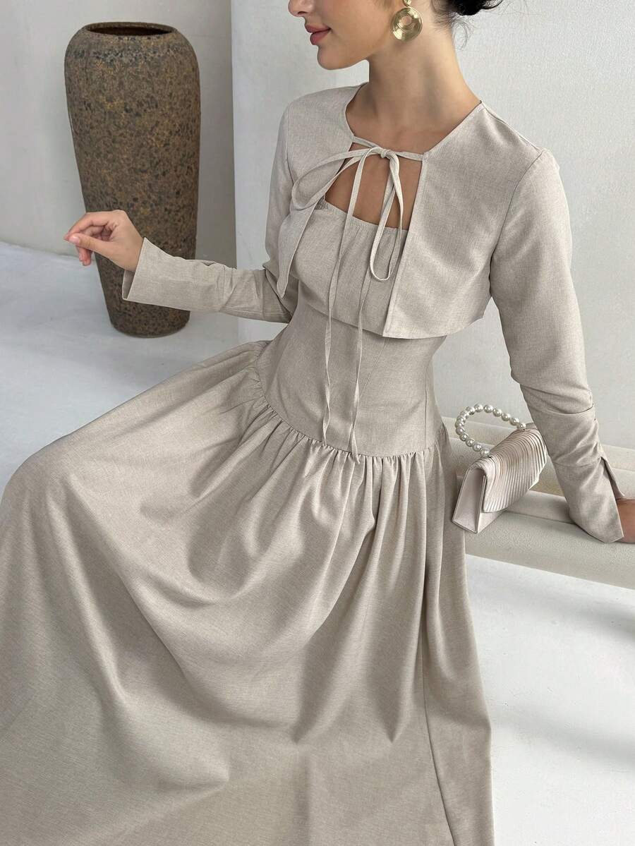 Yasveil Women's Solid Color Pleated Dress And Long Sleeve Open Front Top Casual Party Arabic Style Set - Brown - View 1
