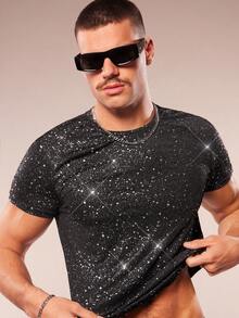FeverCity Men's Fashionable Silver Foil Glitter Short Sleeve T-Shirt, Summer - Black - View 4