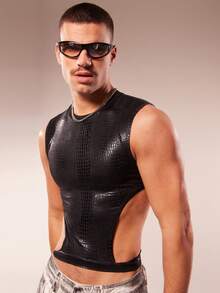 FeverCity Men's Crew Neck Crocodile Embossed Cutout Design Sleeveless Top