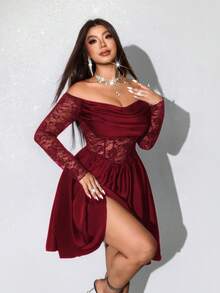 Viva Relle Đầm midi dáng chữ A màu đen, cổ xếp ly, tay dài, chất liệu satin ren phối ren khoét rỗng, dành cho nữ cỡ lớn, kiểu dáng thanh lịch, cổ điển, thường ngày, thích hợp cho tiệc tùng hoặc cocktail. - Màu Đỏ Sâu - Xem 5