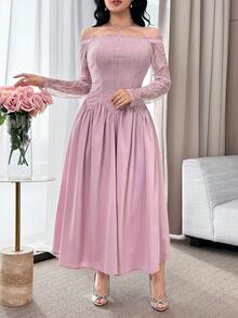 Modelyn 新款蕾丝拼接露肩收腰优雅鸡尾酒会度假连衣裙 - 淺粉色 - 查看 5