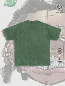 ROMWE MEN Street Life 男士高街复古做旧雪花印花圆领T恤，适合日常休闲穿着，春夏款 - 綠色 - 查看 2