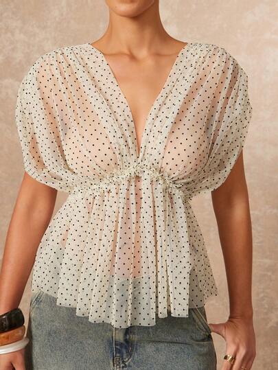 Lumalex Women's Polka Dot Deep V-Neck Ruffle Hem Fashionable Versatile Date Shirt,Sexy See-Through Mesh Women's Top, Body-Contouring Fit & Elegant Feminine Silhouette Top, Perfect For Summer, Spring-Break Trips, Cruises, Beach Weekends, Vacations, Parties, Date Nights, Weddings, Proms, Banquets, Birthdays, Carnivals, Festivals, And Other Holiday Events, Showcases Romantic Valentine Vibes, Neo-Girly Charm, Boho-Casual Flair, Quiet Luxury, Business Chic, And Relaxed Vacay Elegance, Luxury Top, Style For Raves, Festivals, Holiday Gatherings, Outdoor Evening Occasions-Ideal, Party,Perfect For Pairing With Swimwear, Beach Vacations, And Swimsuit Parties.
