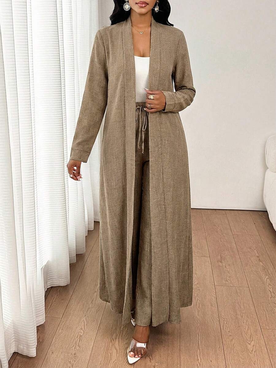 SHEIN Lady 女士纯色长袖外套和系带长裤优雅两件套 - 卡其色 - 查看 1