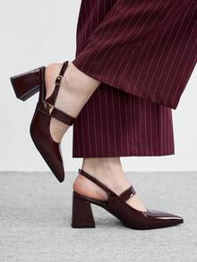CUCCOO BIZCHIC 女士时尚杏色金属搭扣装饰粗跟鞋，经典简约设计，适合通勤、约会、派对、度假、婚礼等场合。 - 巧克力棕 - 查看 4