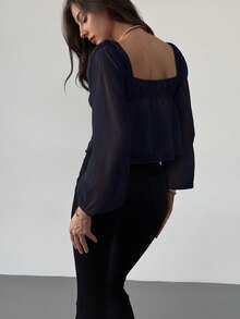 Aloruh Ruched Gathered Waist Flared Hem Textured Fabric Long Sleeve Blouse For Women - Blue - View 2
