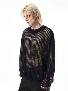 ROMWE MEN Goth Áo len dệt kim dài tay khoét vai màu trơn dáng rộng có mũ trùm đầu cho nam - màu đen - Xem 4
