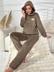 Lazeform 女士纯色简约休闲抓绒连帽衫和裤子家居服套装，舒适保暖，棕色蓬松睡衣套装，棕色睡衣套装，咖啡色蓬松睡衣舒适套装，冬季服装 - 摩卡棕 - 查看 4