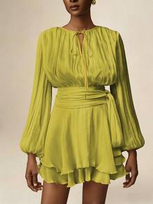 Vesra Apricot Color Tie-Up Long Sleeve Ruffle Hem Design Women's Short Dress - Green - View 5
