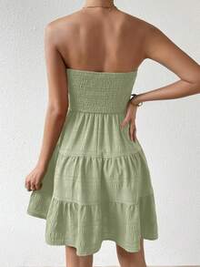 EMERY ROSE Summer Casual Solid Color Bandeau Layered Hem Dress - Green - View 2