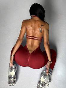 Dewbera Bộ áo liền quần thể thao nữ màu trơn, hở lưng, kiểu dáng thường ngày. - Màu Đỏ Sâu - Xem 7