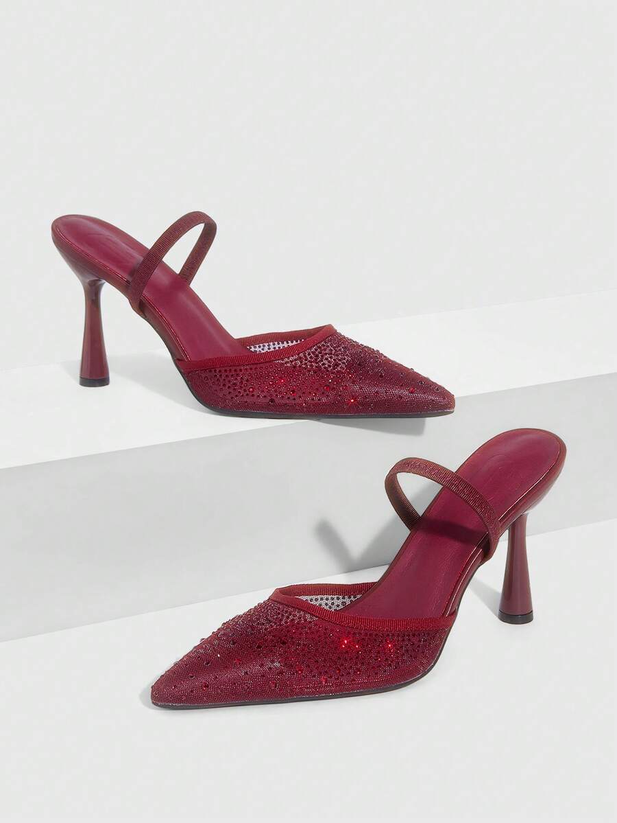 CUCCOO SZL New Arrival Burgundy Transparent Rhinestone Pointed Toe Hollow Out High Heel Fashionable Sexy Ladies High Heels, Spring/Autumn Valentine's Day - Burgundy - View 1