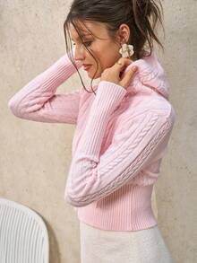 Cévolie Women's Cable Pattern Long Sleeve Zip-Up Hooded Cardigan - Pink - View 3